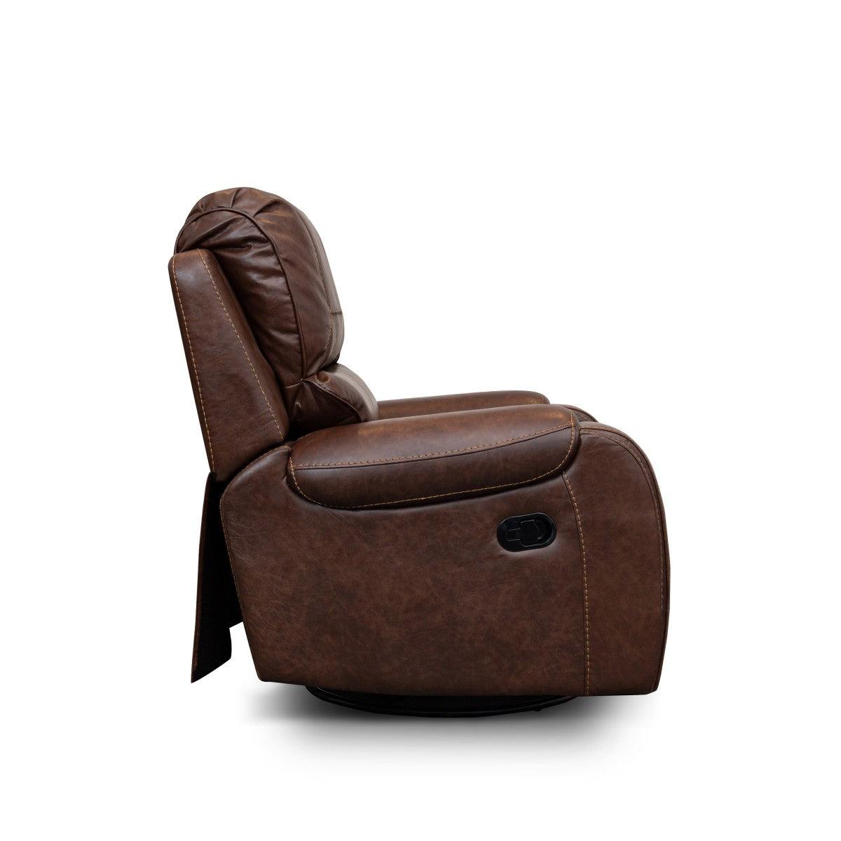 Brown microfiber swivel glider reclining chair angled side view
