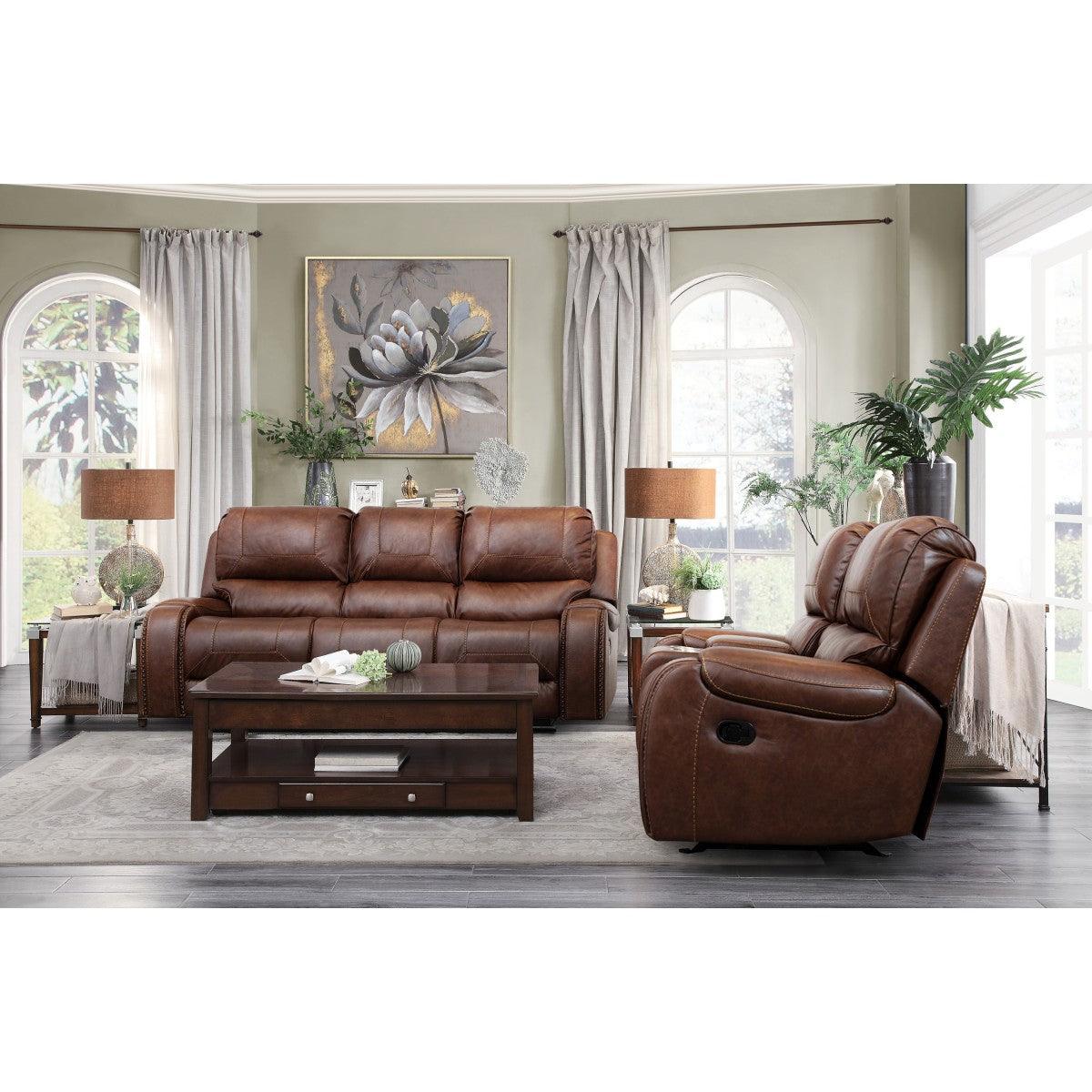 side view of brown faux leather sofa set