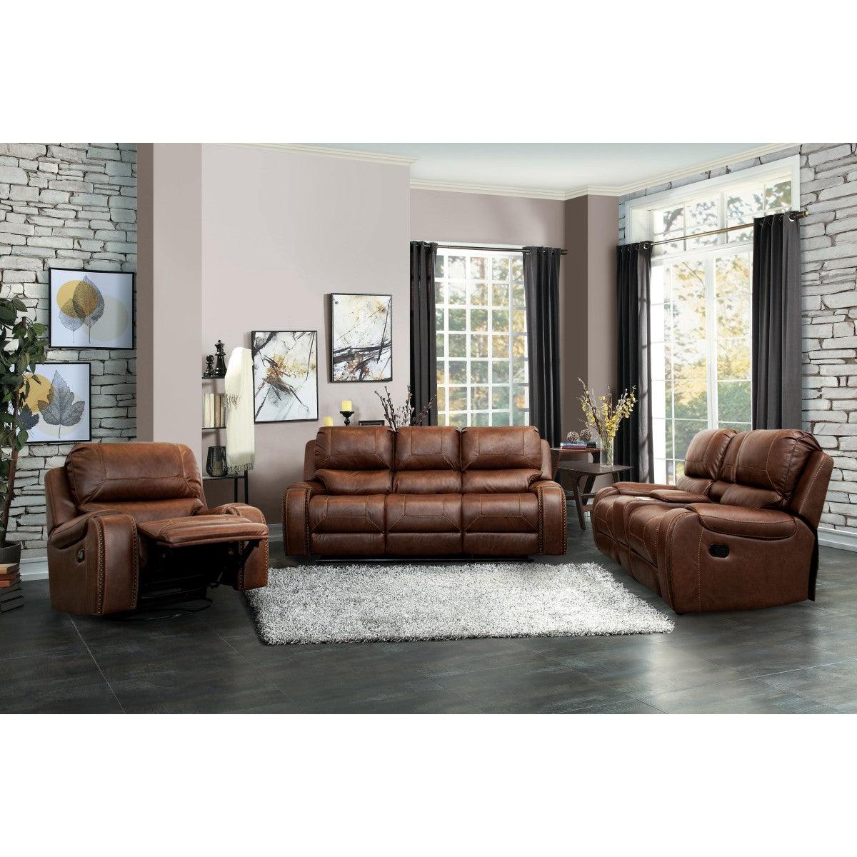 Brown microfiber swivel glider reclining chair in room setting