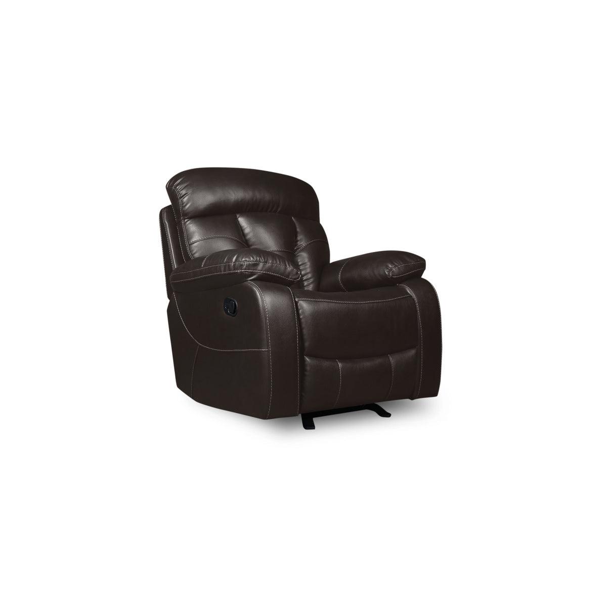 Close-up of black faux leather upholstery on glider reclining chair
