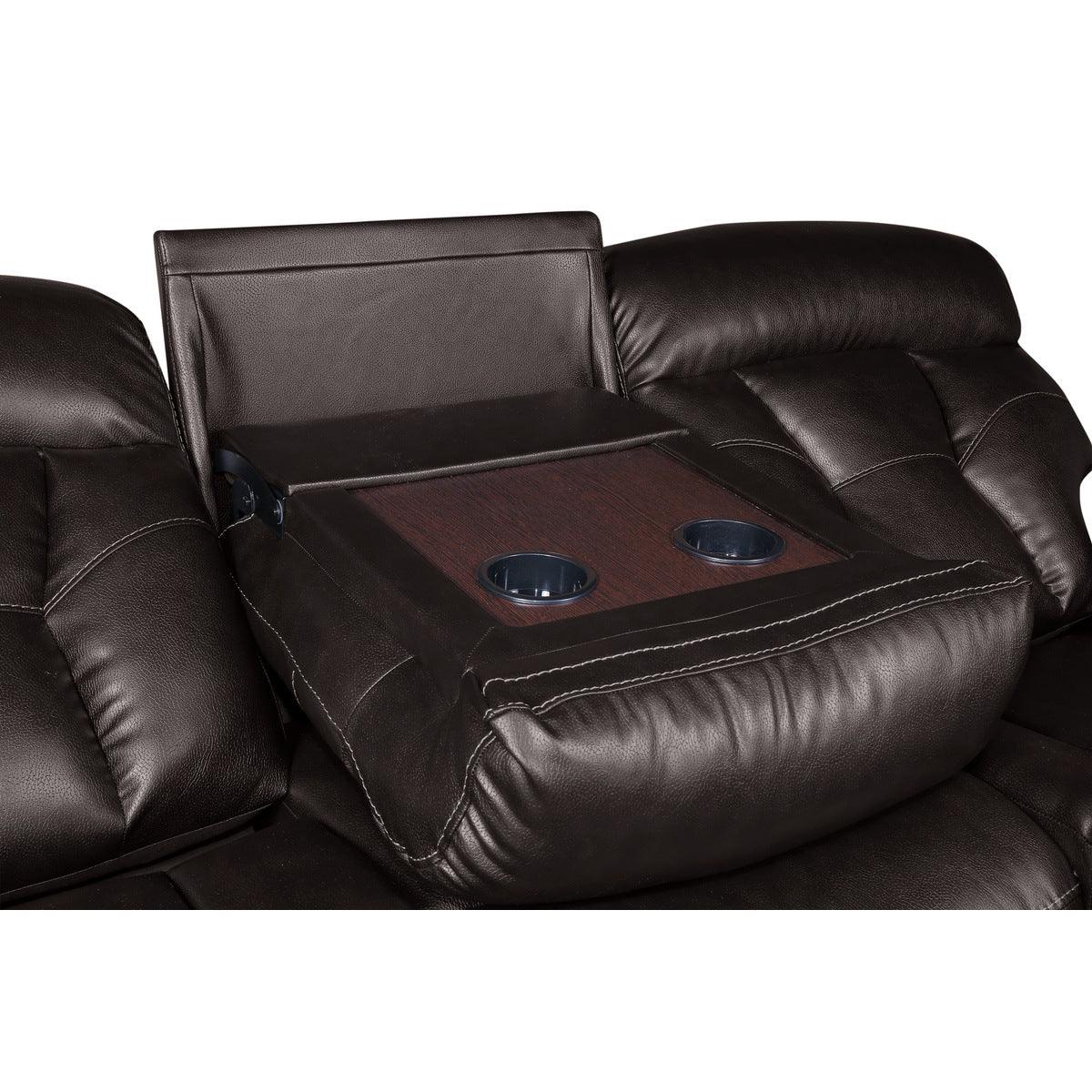 Detail of drop-down cup holders on Claire Brown reclining sofa