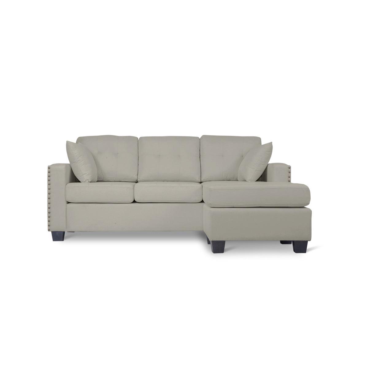 Detail view of textured gray fabric on Scott Gray sofa chaise