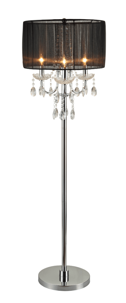 Close-up of ivory glass shade and crystal chandelier detail on lamp