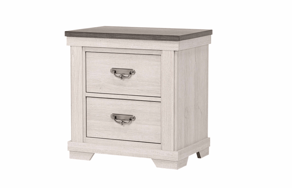 Leighton Nightstand front view showing cream and brown wood with two drawers and pewter bail handles