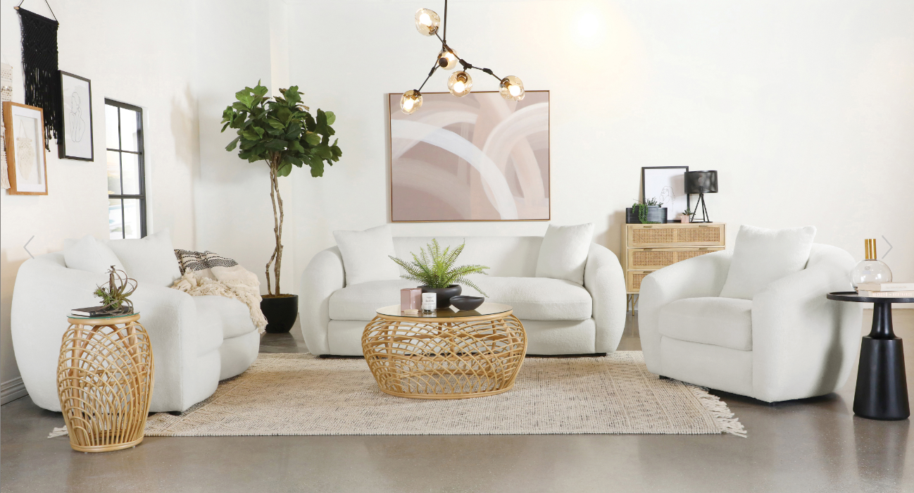 Side view of Isabella white accent chair with tapered plastic feet