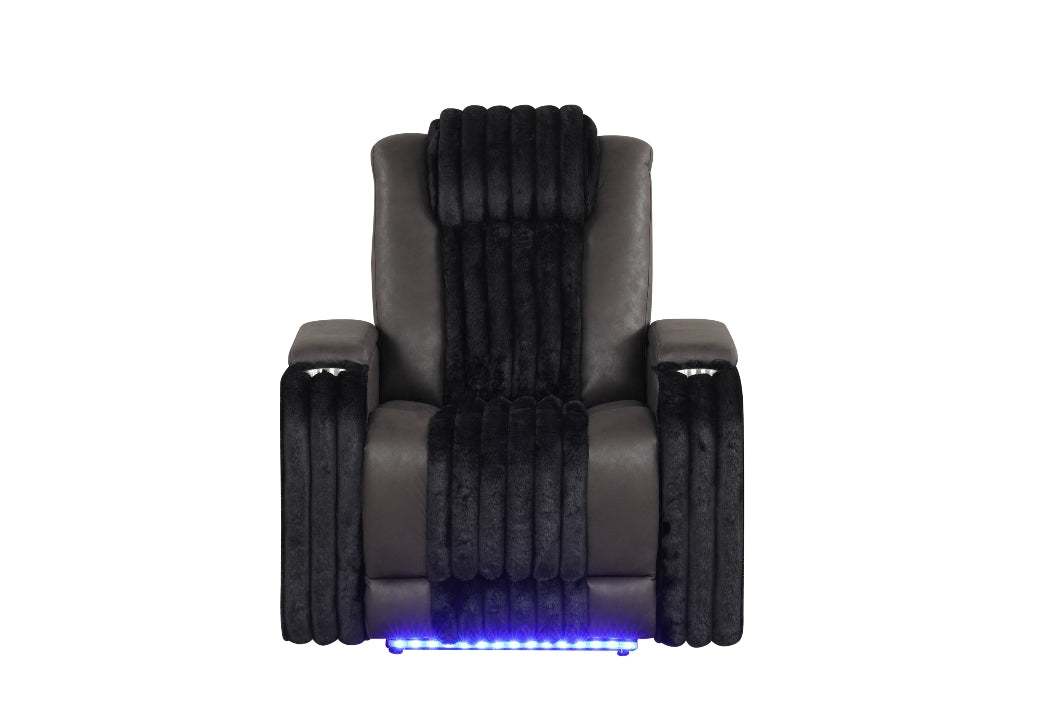 Power recliner mechanism on brown loveseat