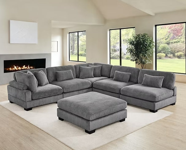 Close-up of Supreme Grey Soft Corduroy sectional sofa upholstery and stitching