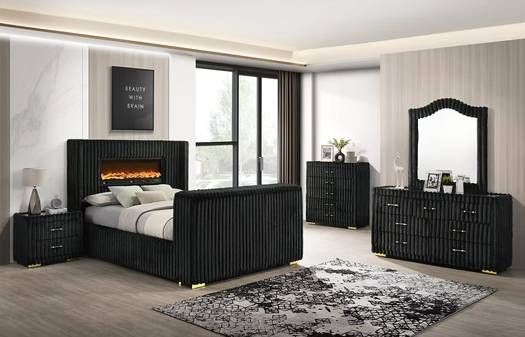 Henley Black Upholstered Fireplace TV Panel Bedroom Set main view with bed and fireplace