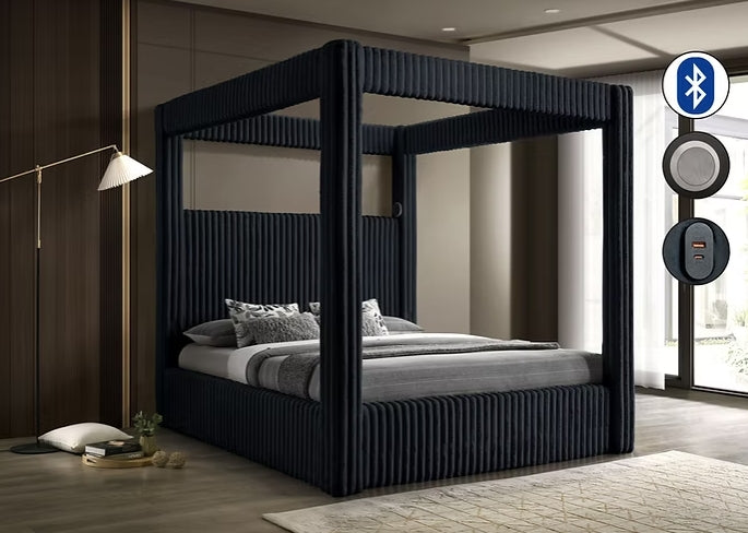 side view of Atlam Henley Black Upholstered Canopy Platform Bedroom Set bed