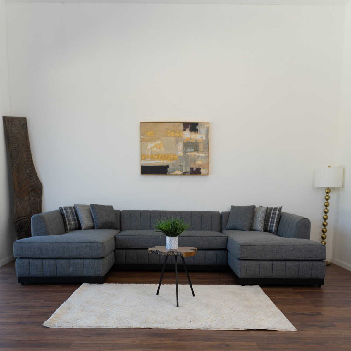 Detail of gray linen upholstery on Abigail sectional