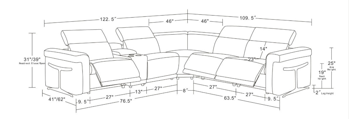 Lucca Light Grey 6-Piece Italian Leather Power Reclining Sectional with Storage Console and Adjustable Headrests view 7