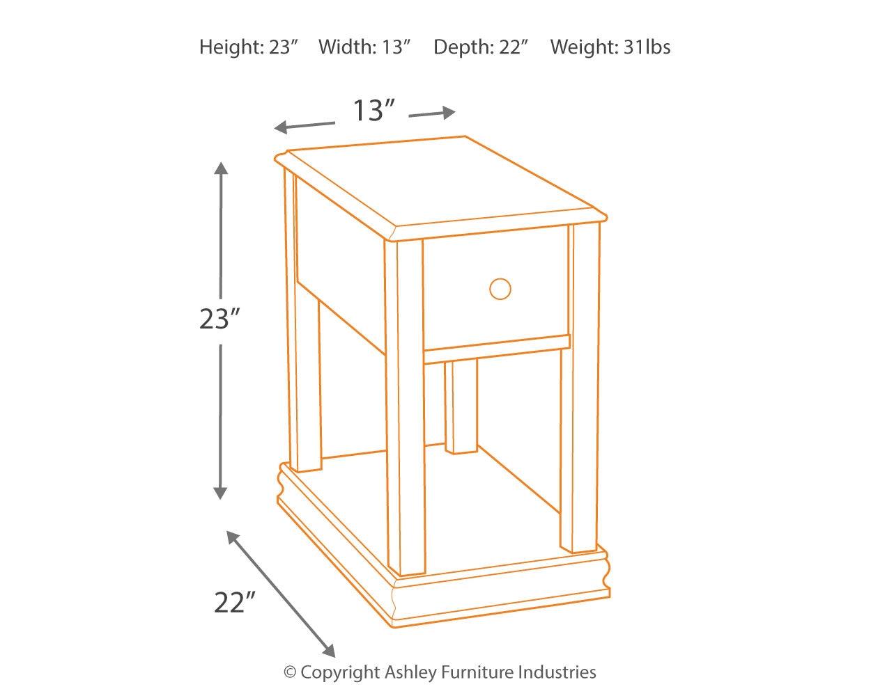 Breegin Brown Chairside End Table dimensional drawing