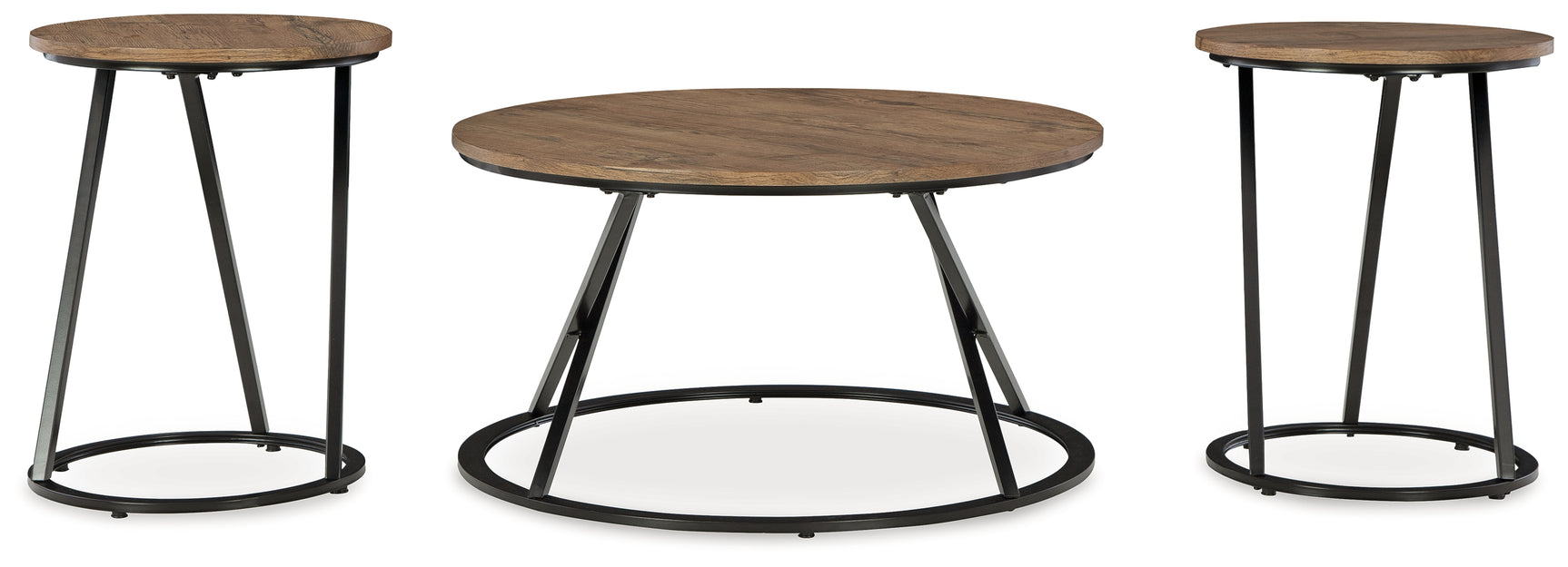 Side angle of Cassbryn round end table with black metal frame