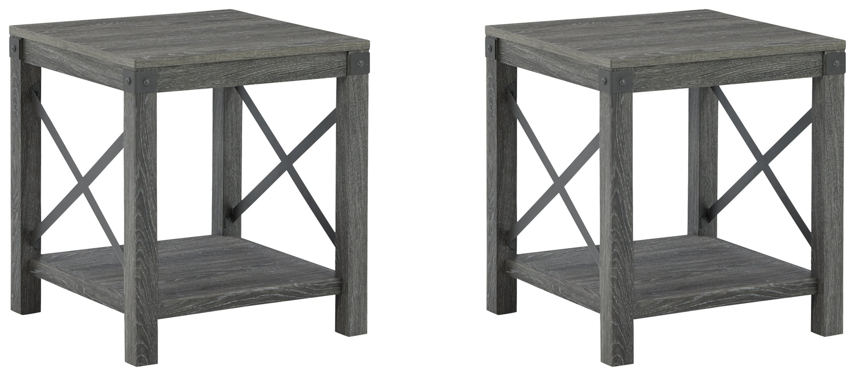 Freedan end table side angle highlighting crossbuck metal detailing