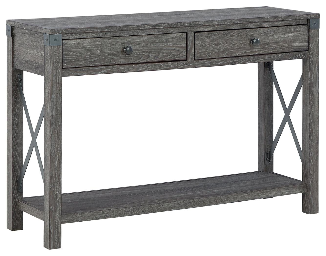 Freedan Grayish Brown sofa console table head-on view