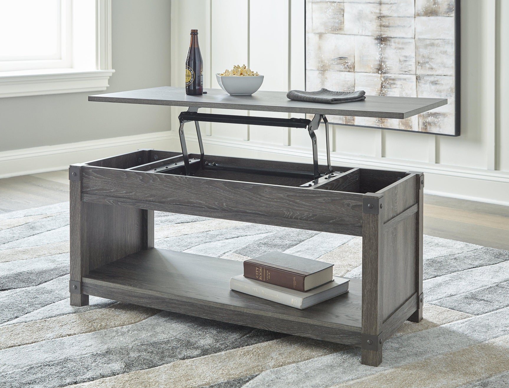 Freedan Grayish Brown Lift-top Coffee Table open showing storage