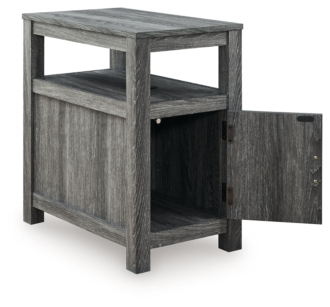 Open storage cabinet and open shelf of Fendenmore Chairside End Table