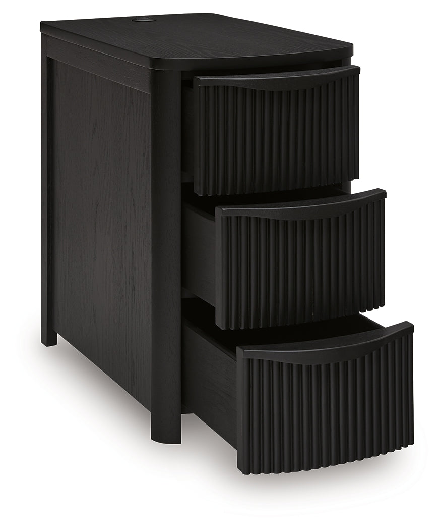 Side angle showing open drawer with storage