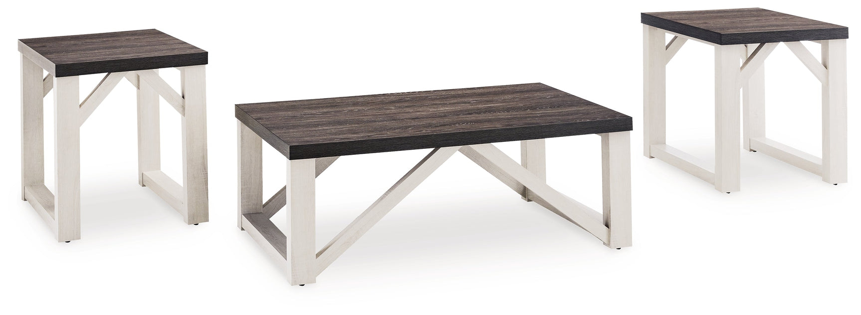 Side angle view of Dorrinson coffee table with gray wood plank top