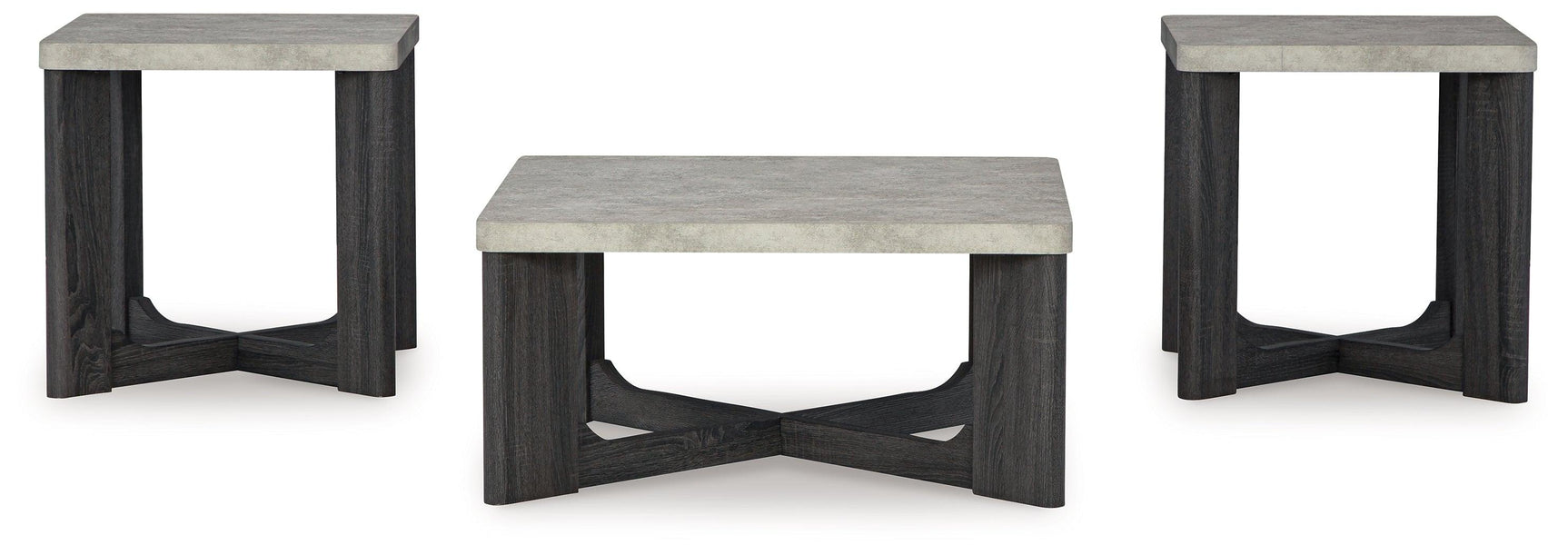 Sharstorm Two-Tone Gray table set front view with coffee and two end tables