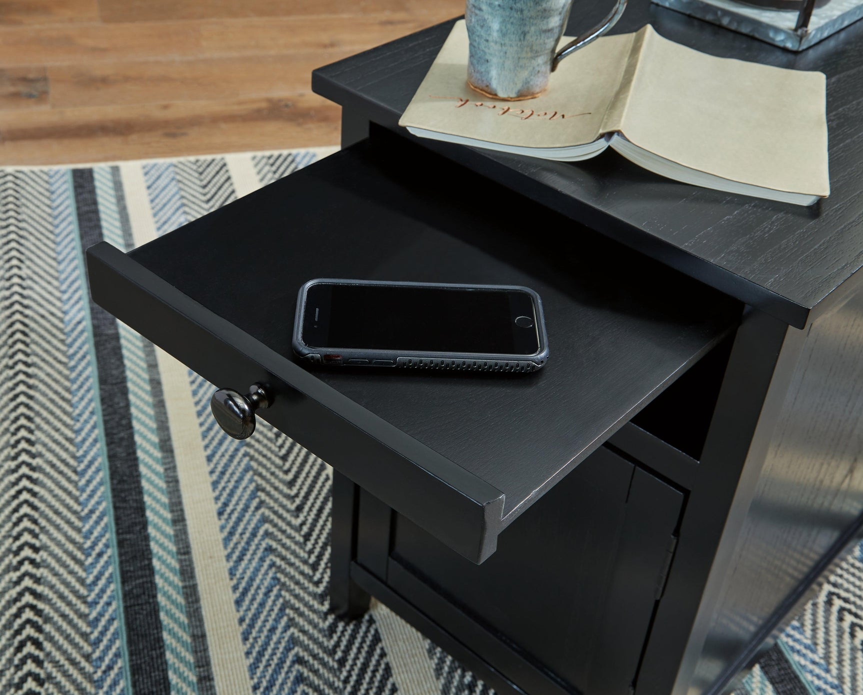 Close-up of dual USB and power outlet on Treytown End Table