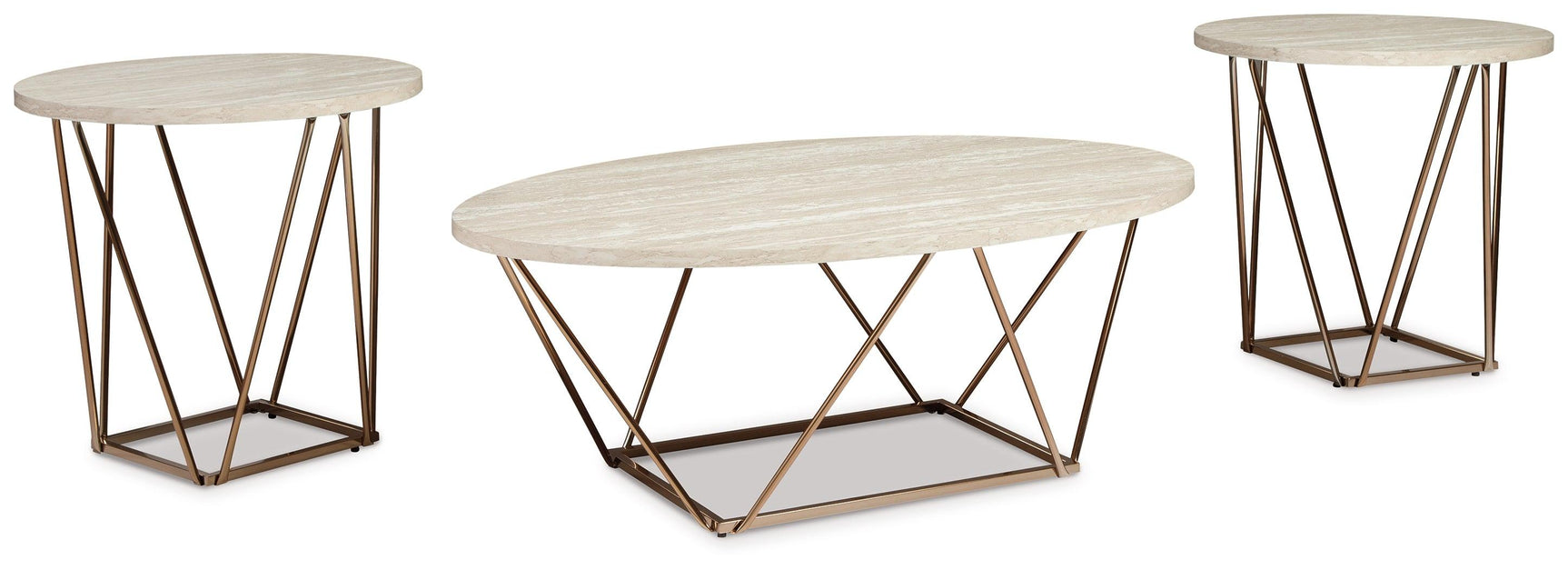Tarica table set side view showing faux marble tops
