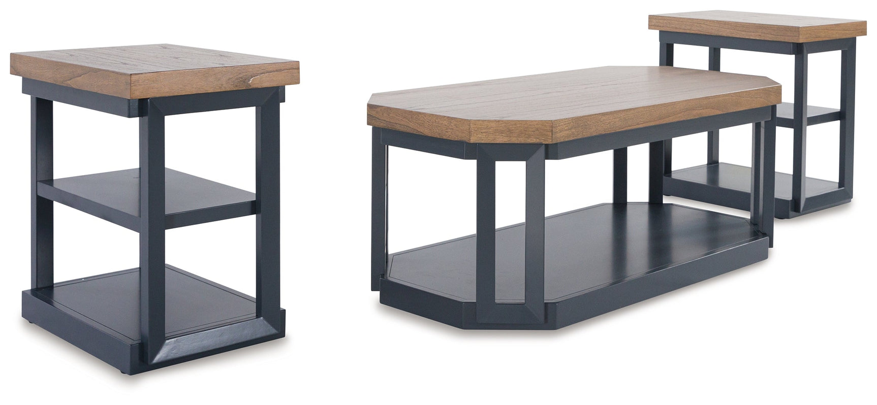 Angle view of Landocken brown and blue end table with open shelves