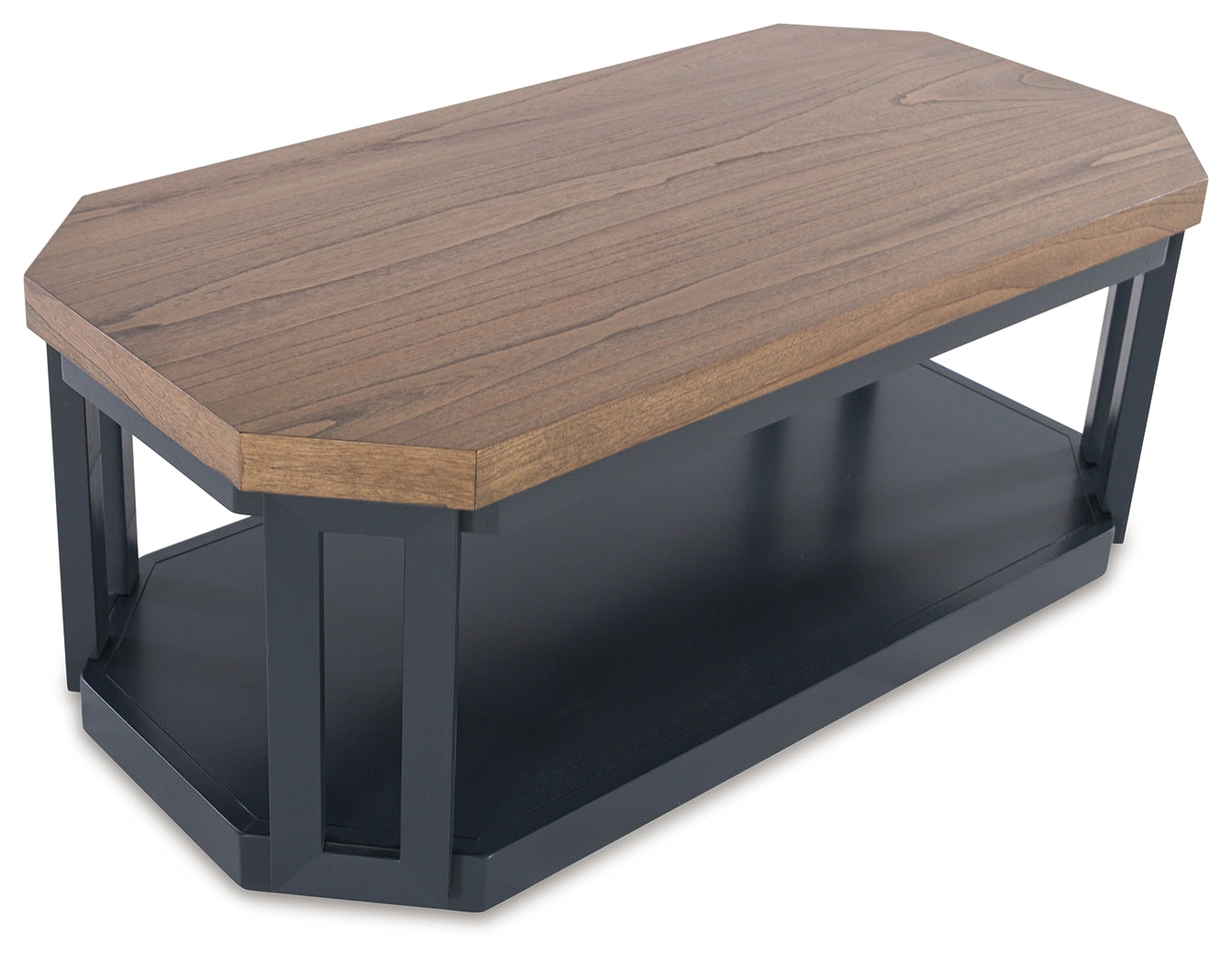 Top view of Landocken coffee table highlights wood-tone finish
