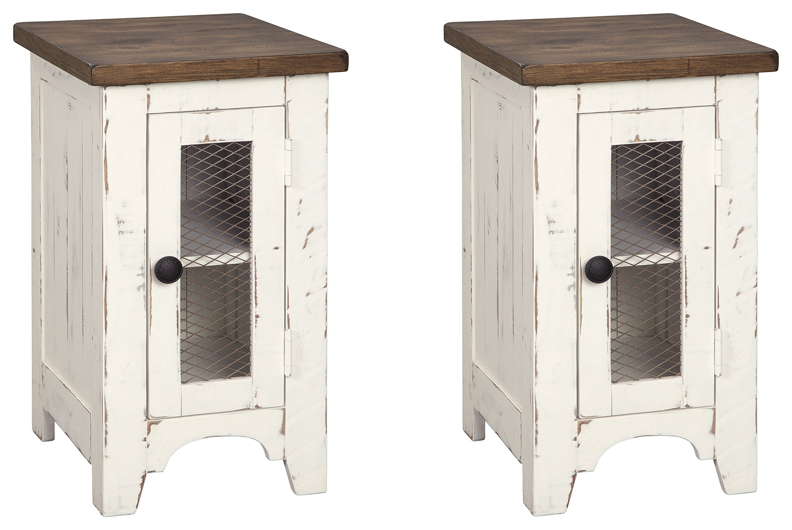 Side angle of Wystfield white and brown wood end table showing metal grill door