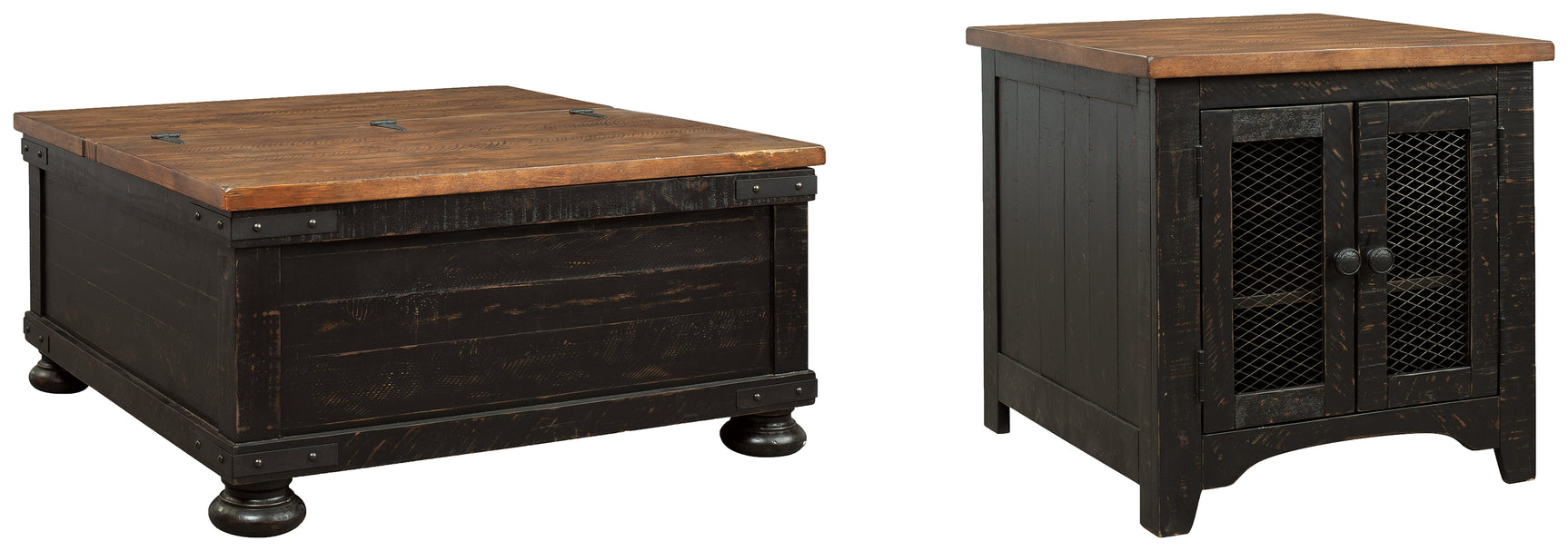 Valebeck two-tone coffee table and end table set, rustic farmhouse style
