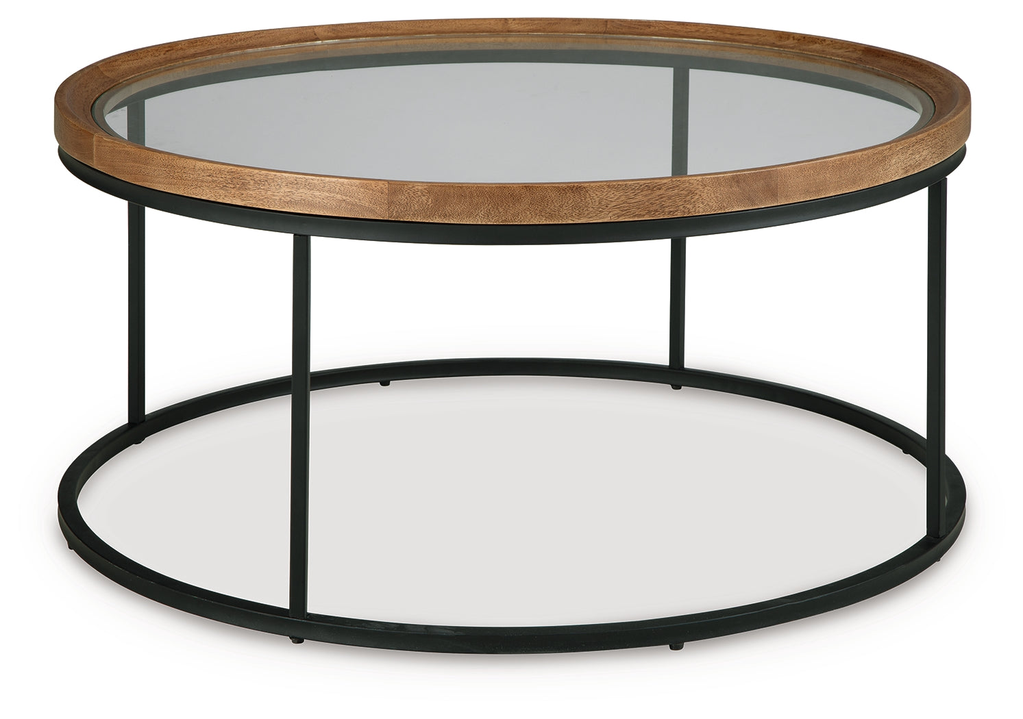 Noraluna Coffee Table angled side view showing metal frame and wood finish