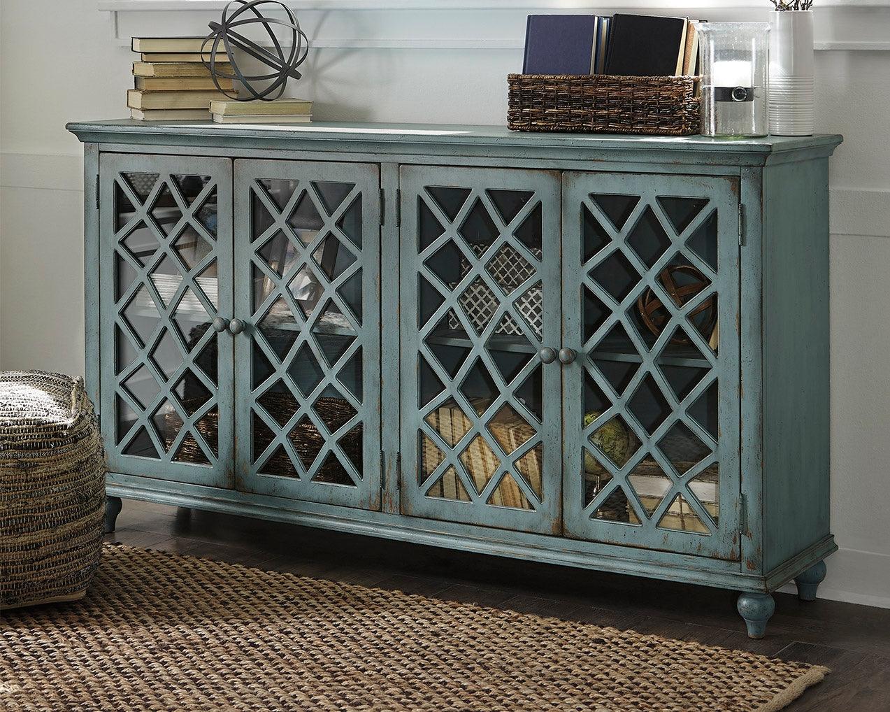 Mirimyn Antique Teal Accent Cabinet front view with glass lattice doors
