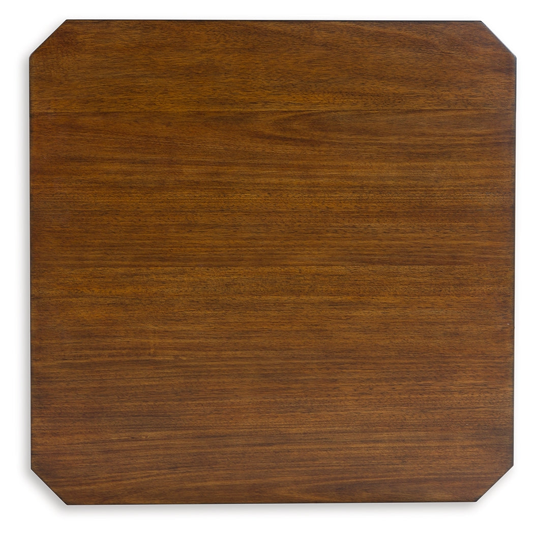 Trenmour end table corner detail showing wood finish