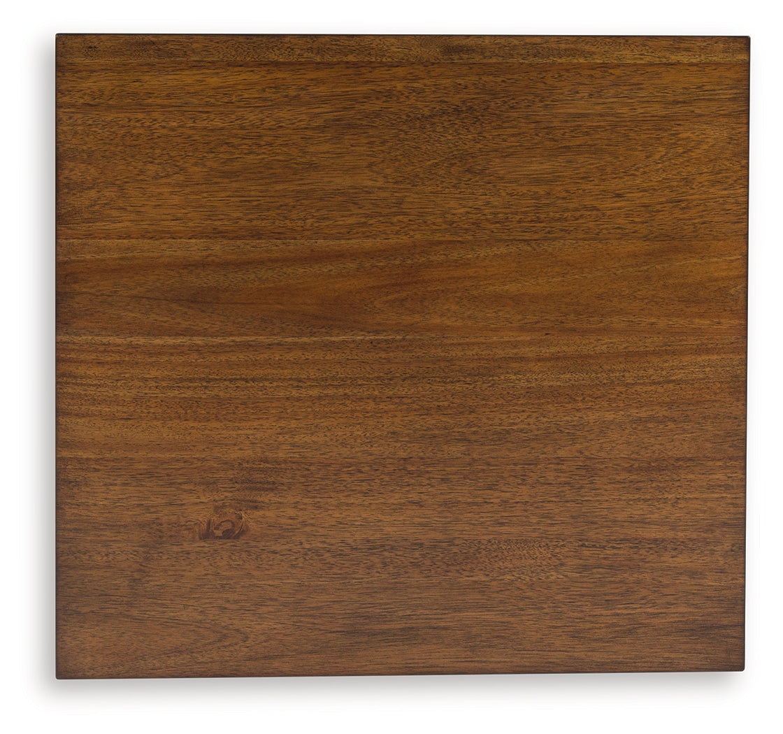 Top view of Sturlayne brown end table surface