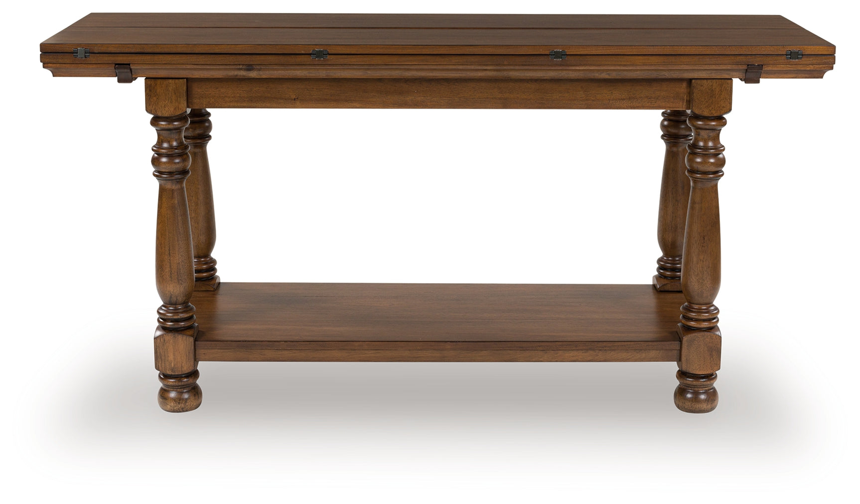 Sturlayne brown flip top sofa table head on closed view