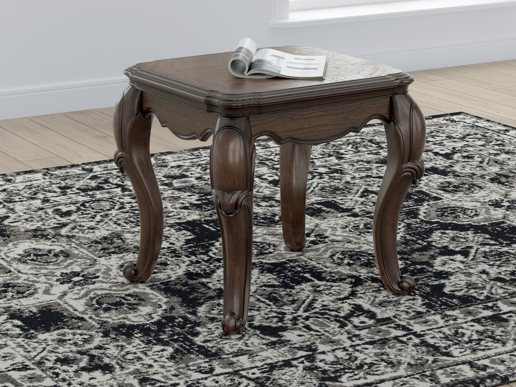 Maylee end table with dark brown finish, front view