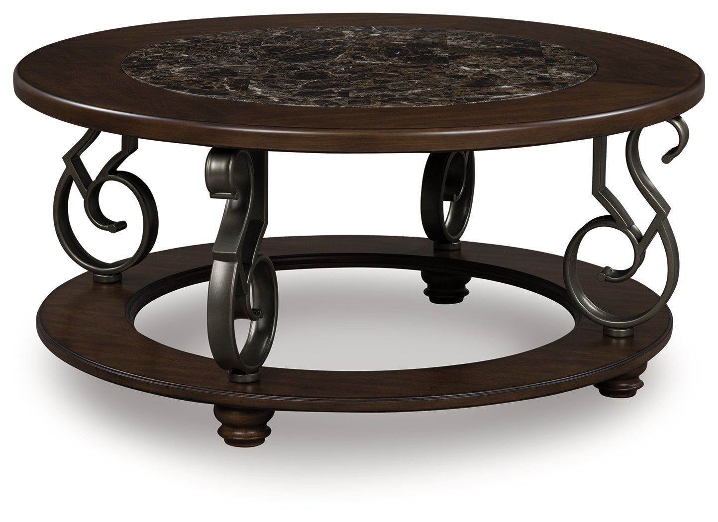Frallyn coffee table side angle highlighting dark brown finish and metal legs
