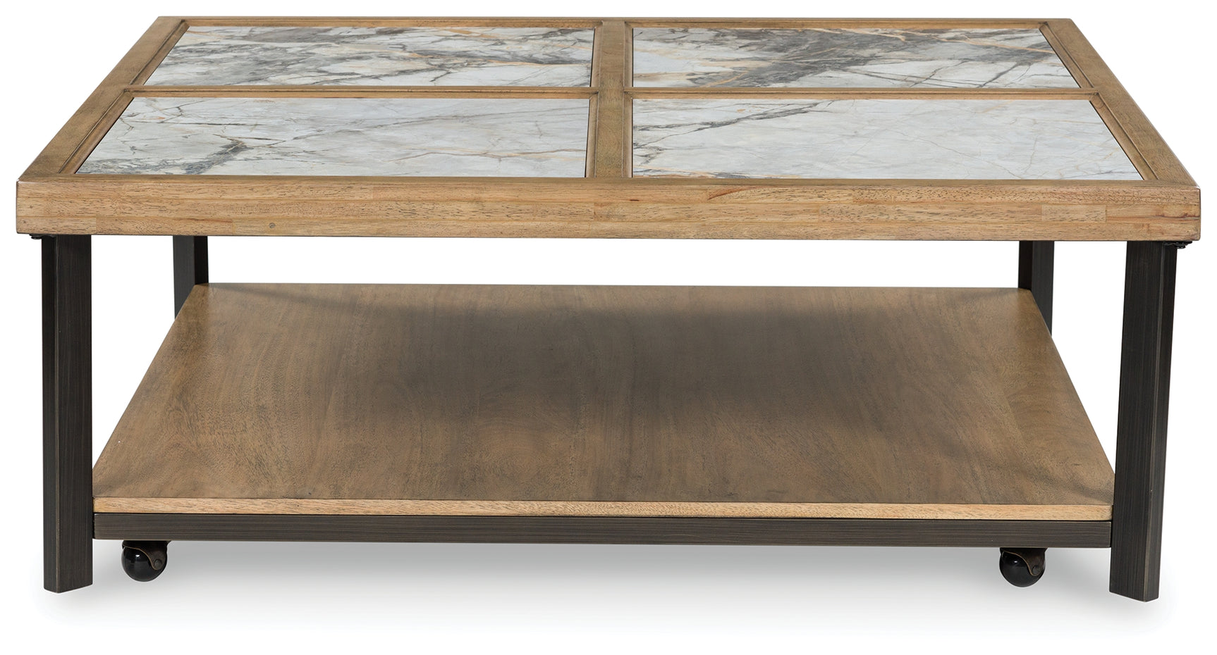 Montia Coffee Table side angle emphasizing light wood finish and lower shelf