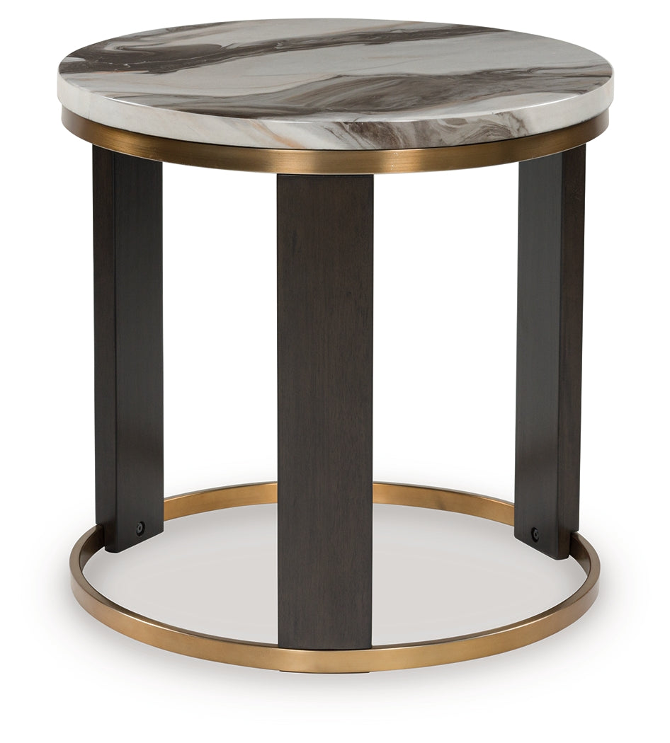 Jazmore end table alternate front view with brass and wood finish