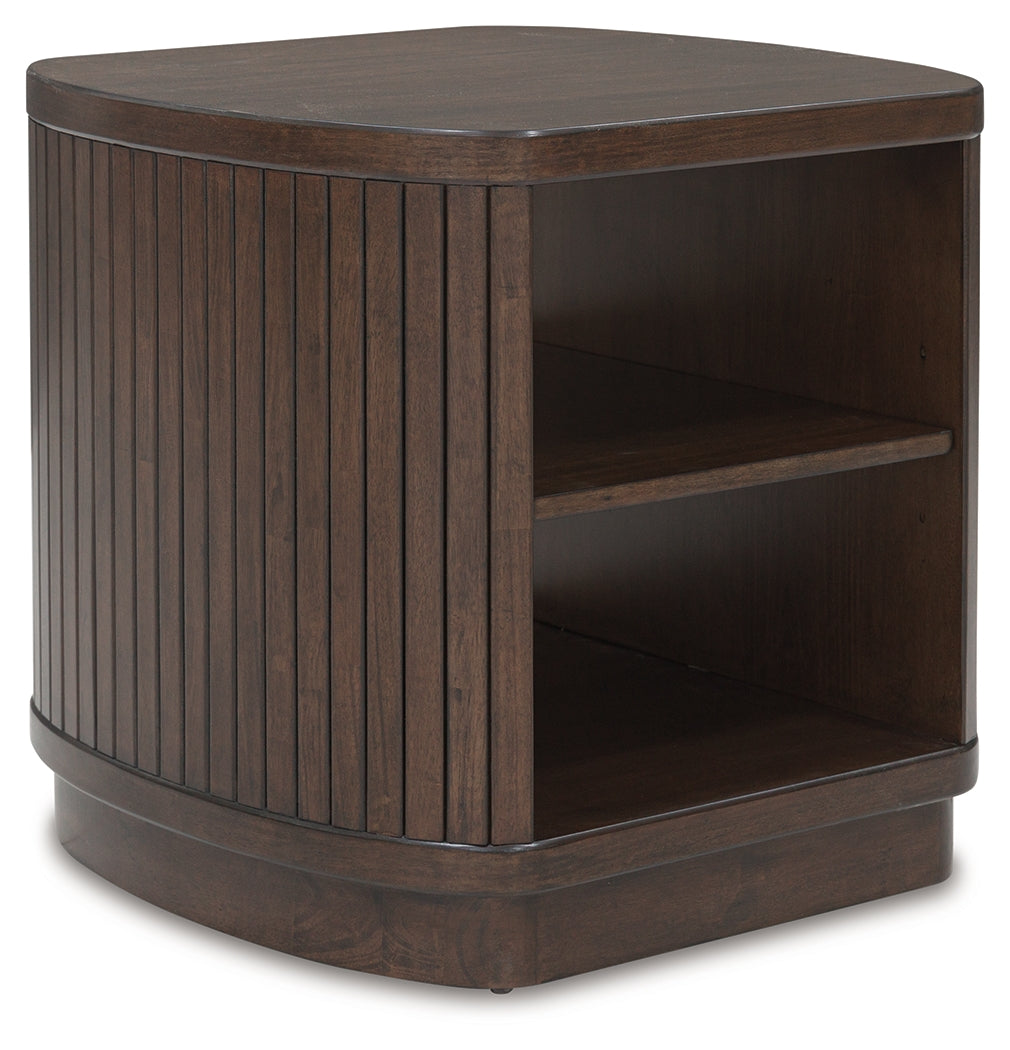 Korestone dark brown coffee table and end table set with reeded bases