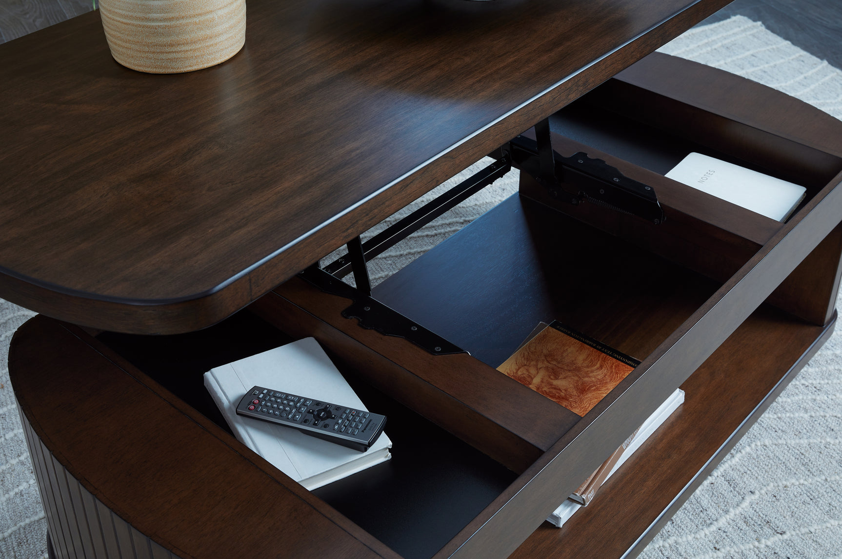 Korestone dark brown coffee table and end table set with reeded bases