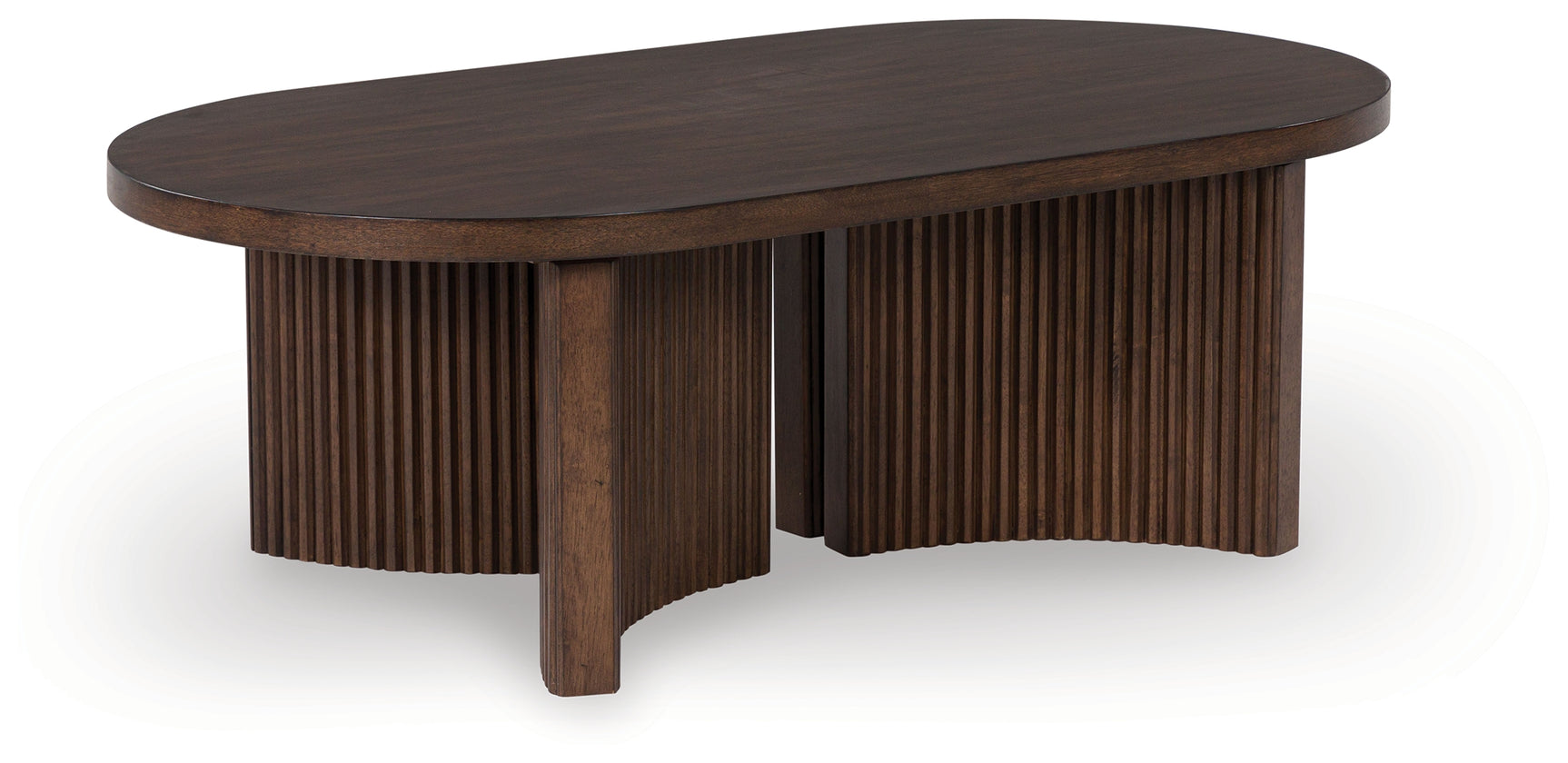 Side angle of Korestone Dark Brown coffee table showing thickness of tabletop and base details
