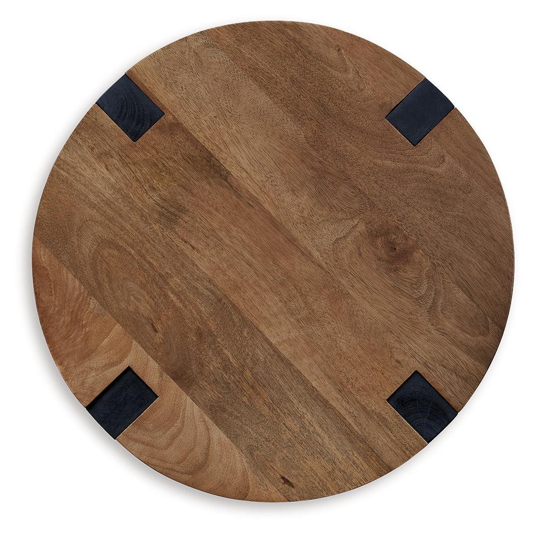 Top view of Hanneforth round mango wood end table with smooth finish
