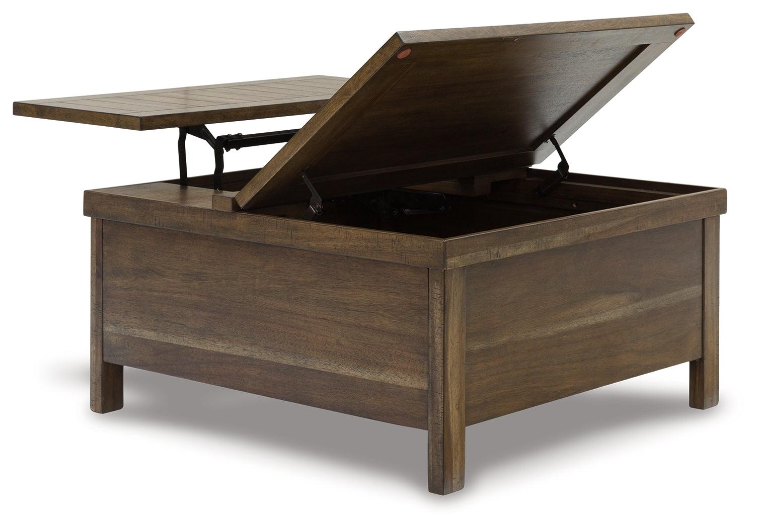 Moriville grayish brown lift-top coffee table front open view