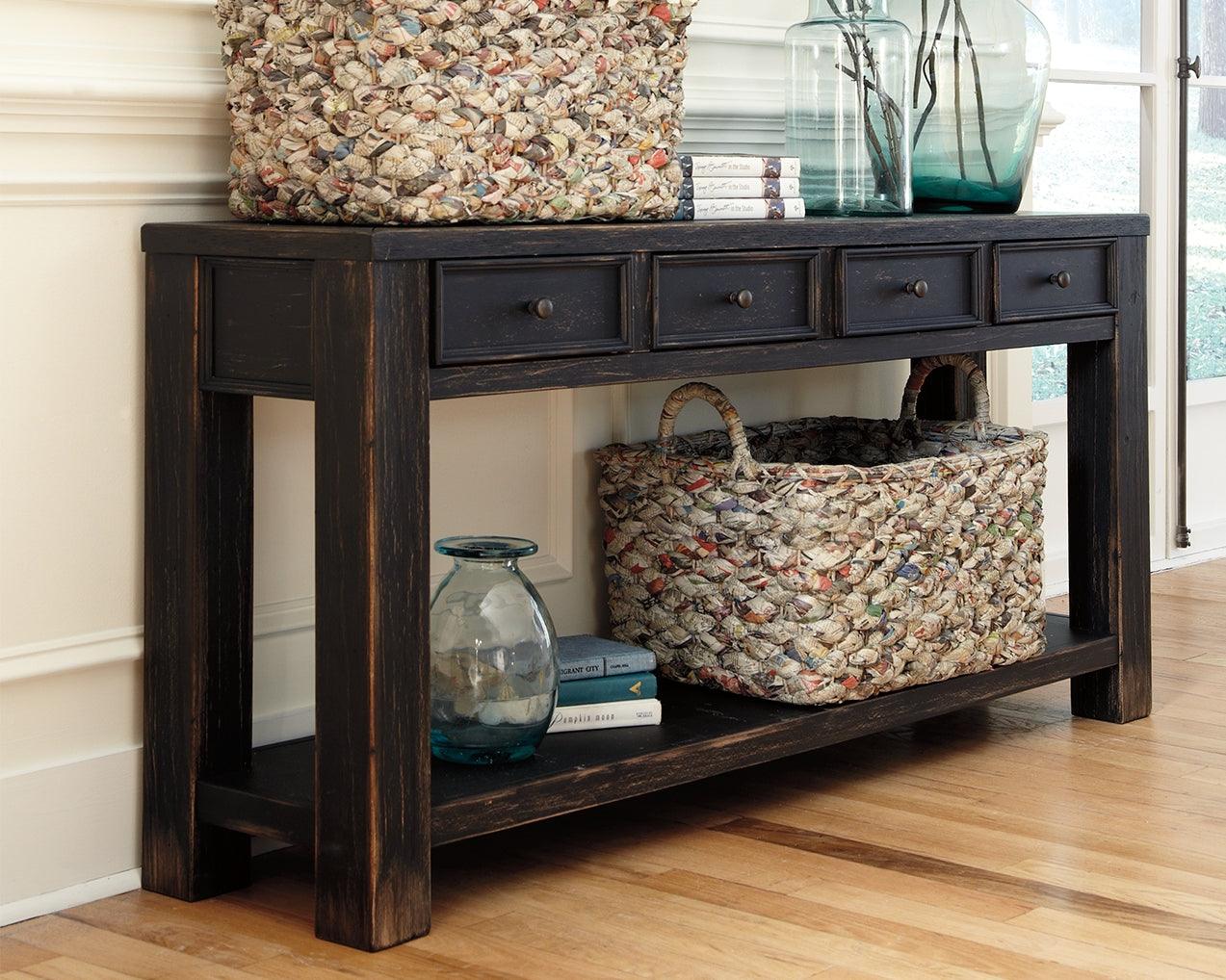 Front angle view of Gavelston Black Sofa Console Table in black finish