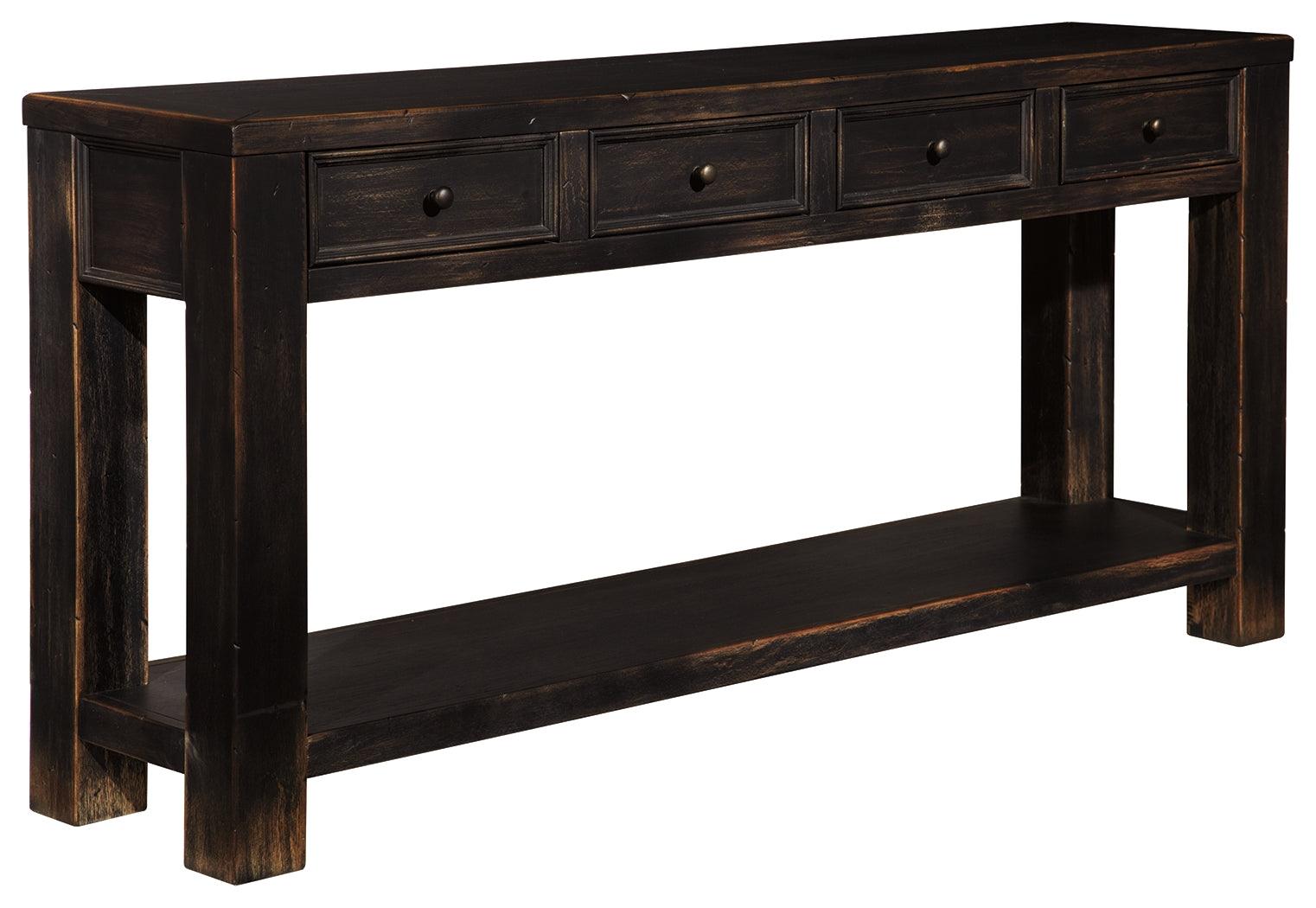 Gavelston Sofa Console Table showing bottom shelf and leg detail