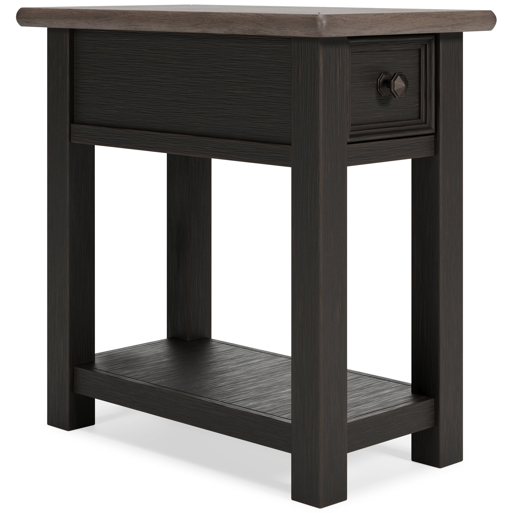 Tyler coffee table set with grayish brown wood top and black textured finish with lift-top and drawers