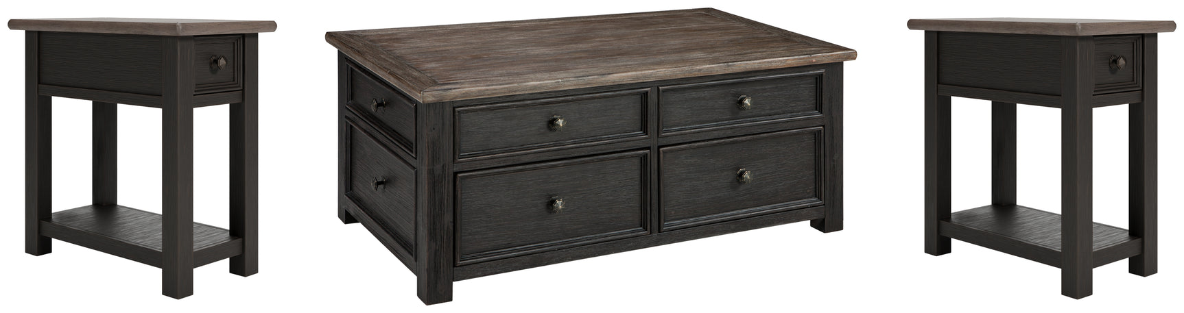 Tyler coffee table set with grayish brown wood top and black textured finish with lift-top and drawers