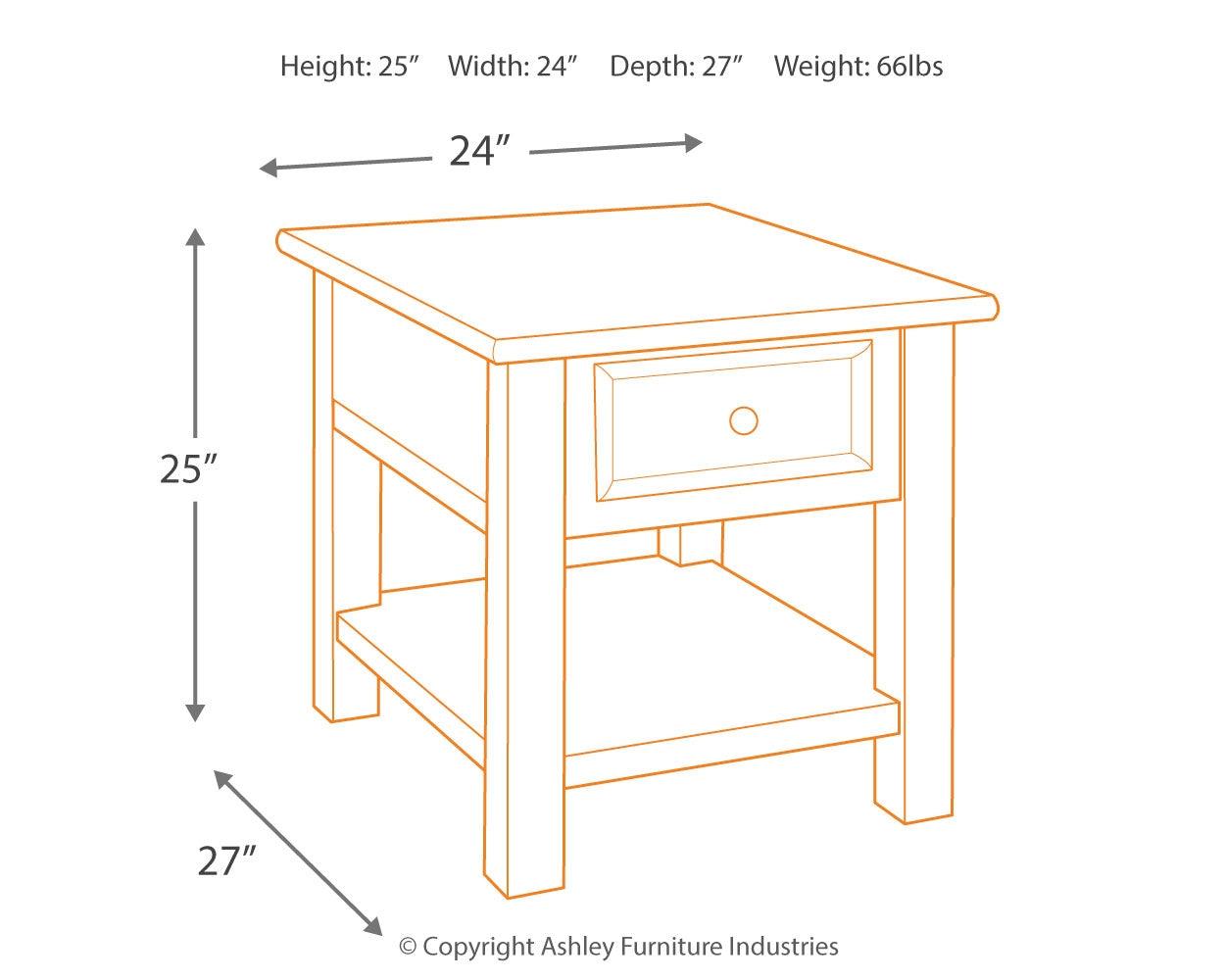 Tyler Creek end table dimensions diagram