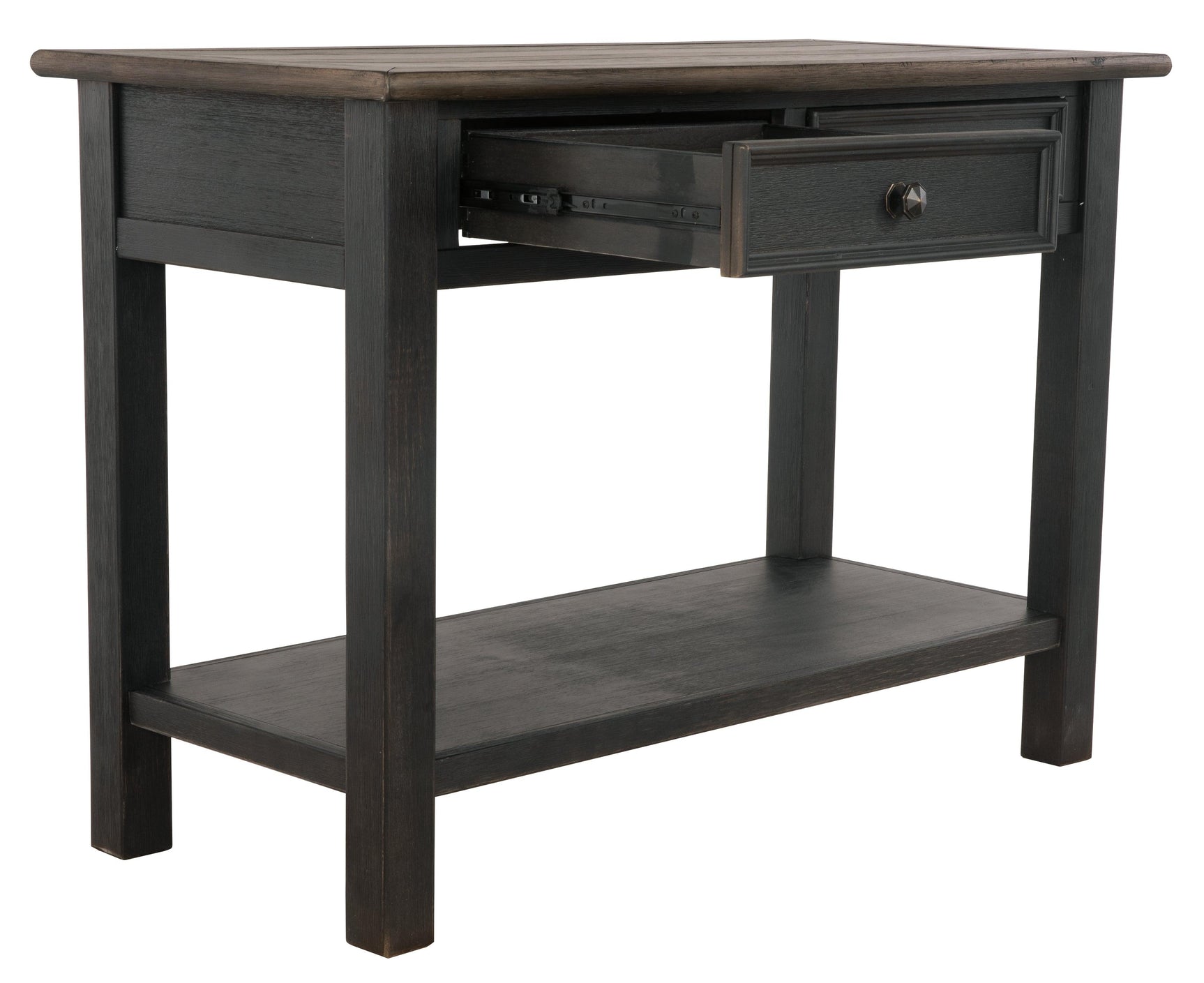 Tyler Creek Sofa Console Table drawer open showing storage